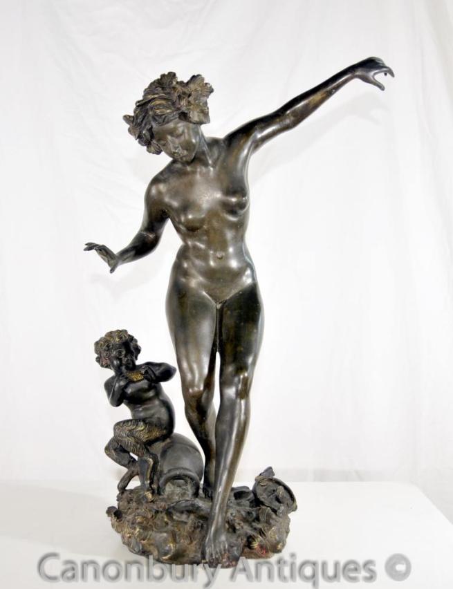 French Antique Bronze Pan and Nymph Nude Female Signed Moreau