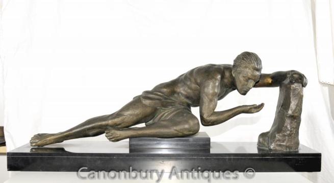 French Spelter Antique Art Deco Male Nude Statue Erotic