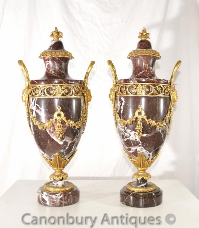Pair French Empire Marble Ormolu Amphora Urns Decorative