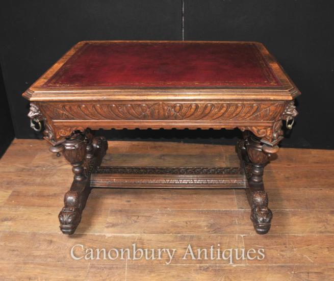 Antique 19th Century carved Oak Library Table Desk Writing Table