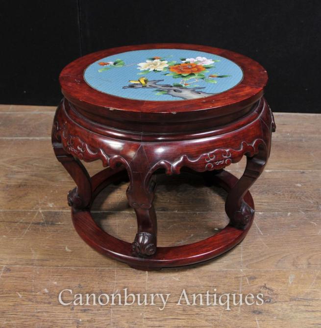 Antique Chinese Cloisonne Hardwood Pedestal Stand Table