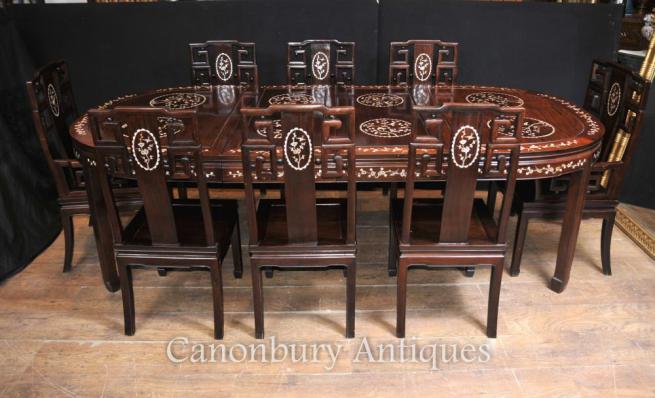 Antique Chinese Hardwood Dining Set Table and 8 Chairs Mother of Pearl Inlay 1920
