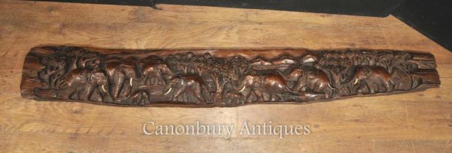 Antique Hand Carved Indian Hard Wood Elephant Freize Architectural Placque