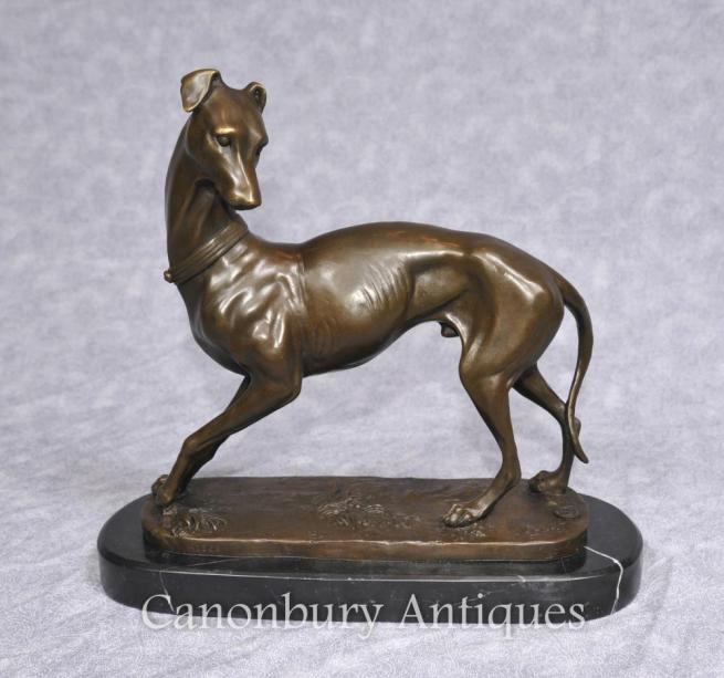 Art Deco Bronze Greyhound Statue by Barye Signed French Dogs