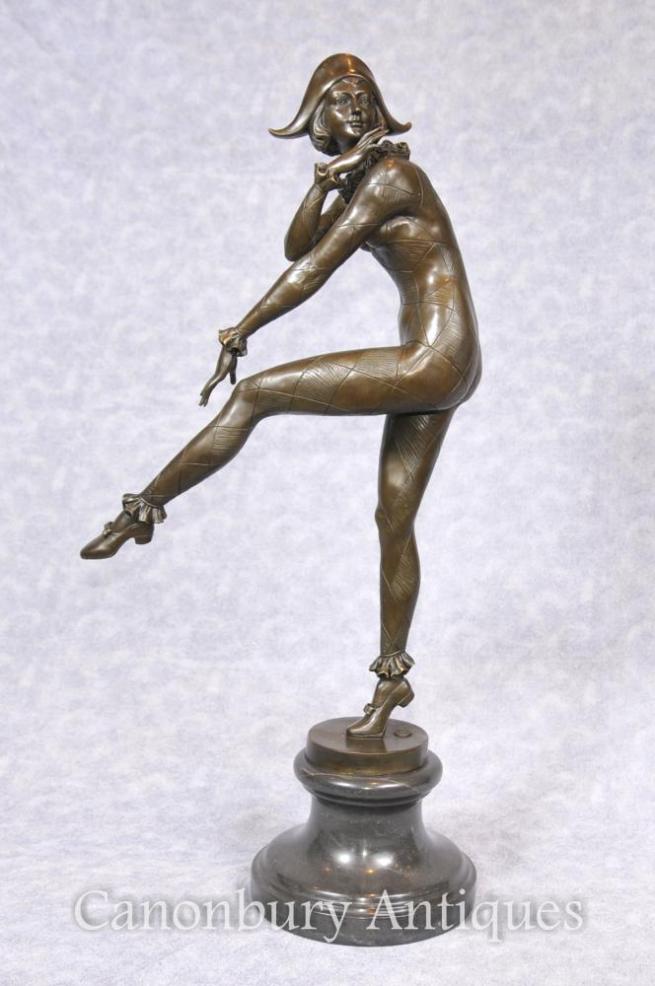 Art Deco Bronze Harlequin Dancer Statue Signed Gilbert Foundry Mark