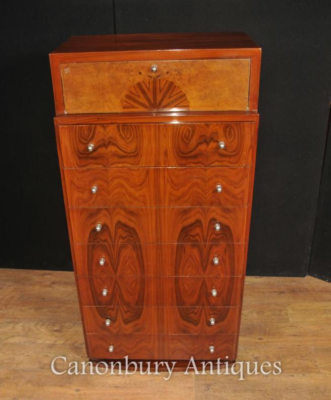 Art Deco Walnut Chest Drawers Cabinet Tall Boy Furniture