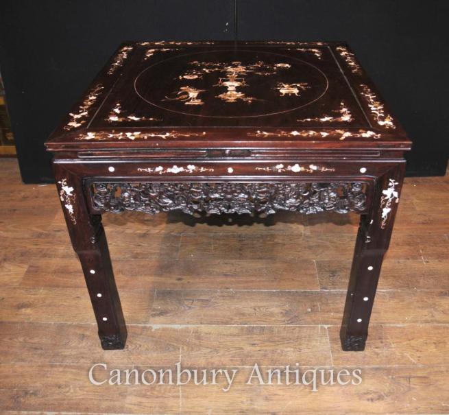 Chinese Antique Hardwood Table and Stool Dining Set Mother of Pearl Inlay