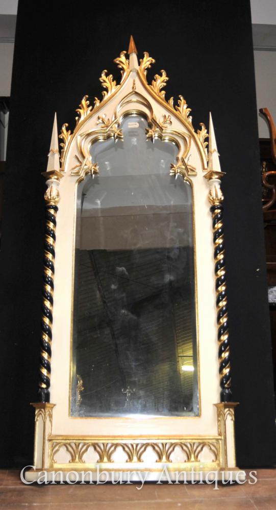 English Carved Gothic Pier Mirror Painted Wood Carved