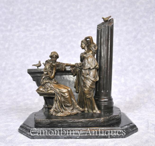 French Bronze Classic Maiden Bird Statue Marble Column Ruins Signed Milo