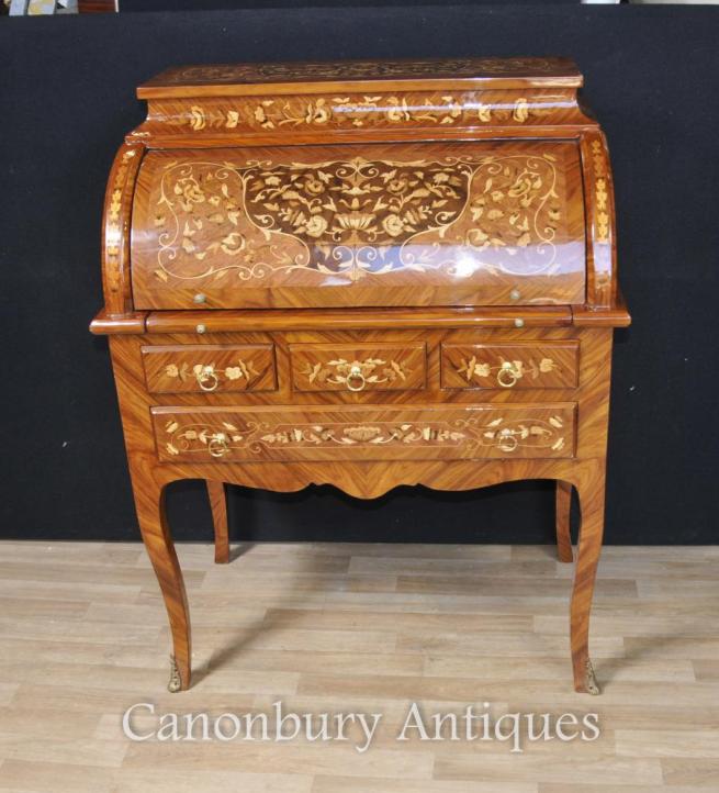 French Empire Roll Top Desk Marquetry Inlay Bureau Plat De Dame