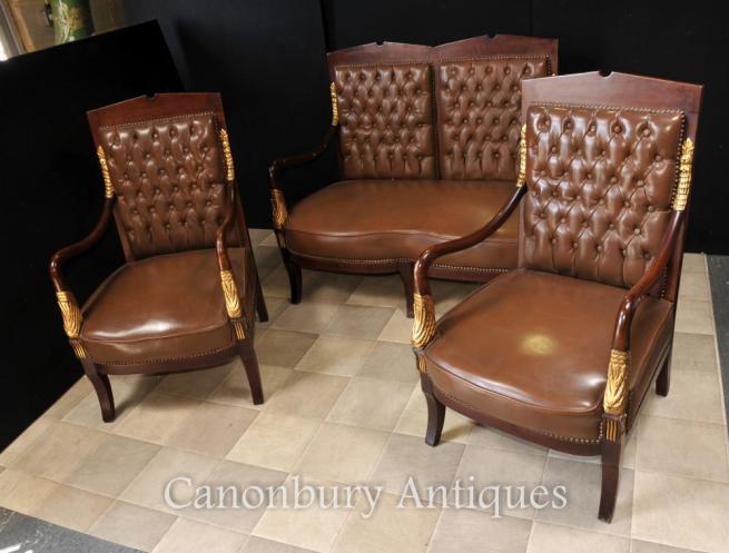 French Empire Sofa Arm Chair Suite Leather Chairs Couch