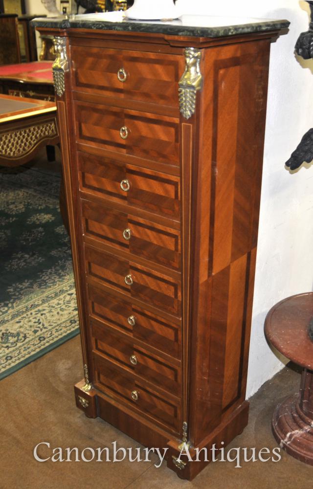 French Empire Tall Boy Chest of Drawers Kingwood Inlay Marquetry
