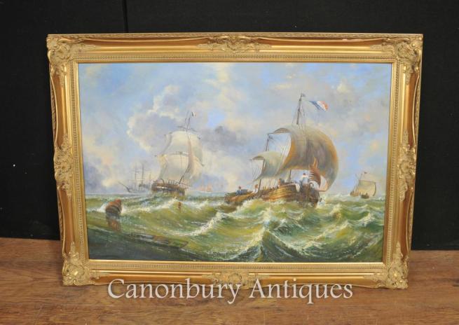 French Oil Painting Sea Scape Maritime Normandy Boats