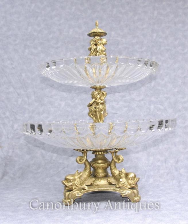 French Ormolu Glass Cake Stand Dish Sea Serpents Cherubs Comport