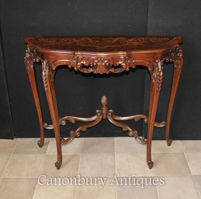 French Regency Demi Lune Console Table Marquetry Inlay