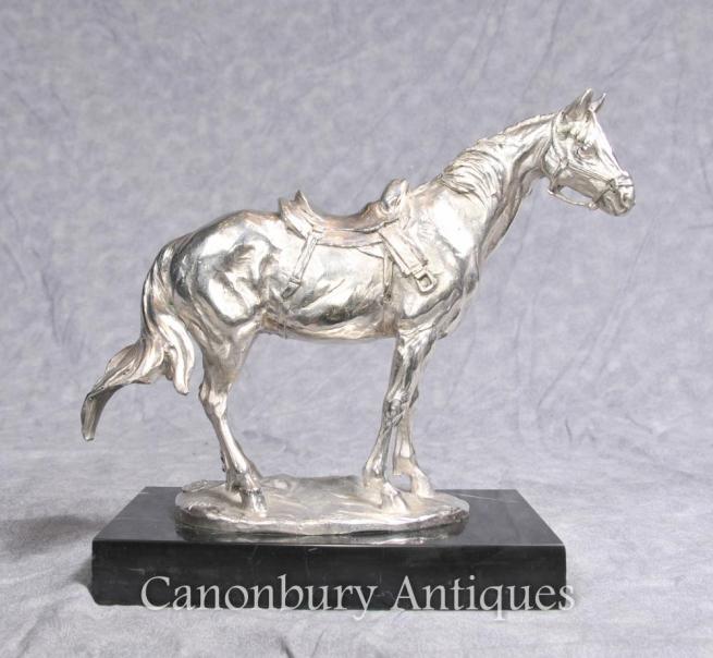 French Silver Plated Bronze Horse Statue by Milo Horses