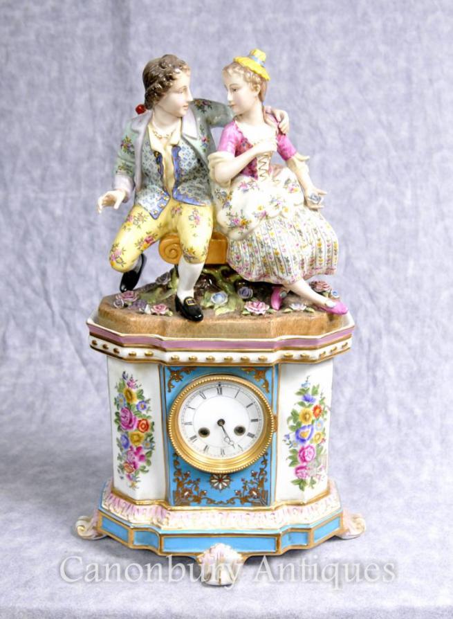 German Porcelain Dresden Figurine Mantle Clock