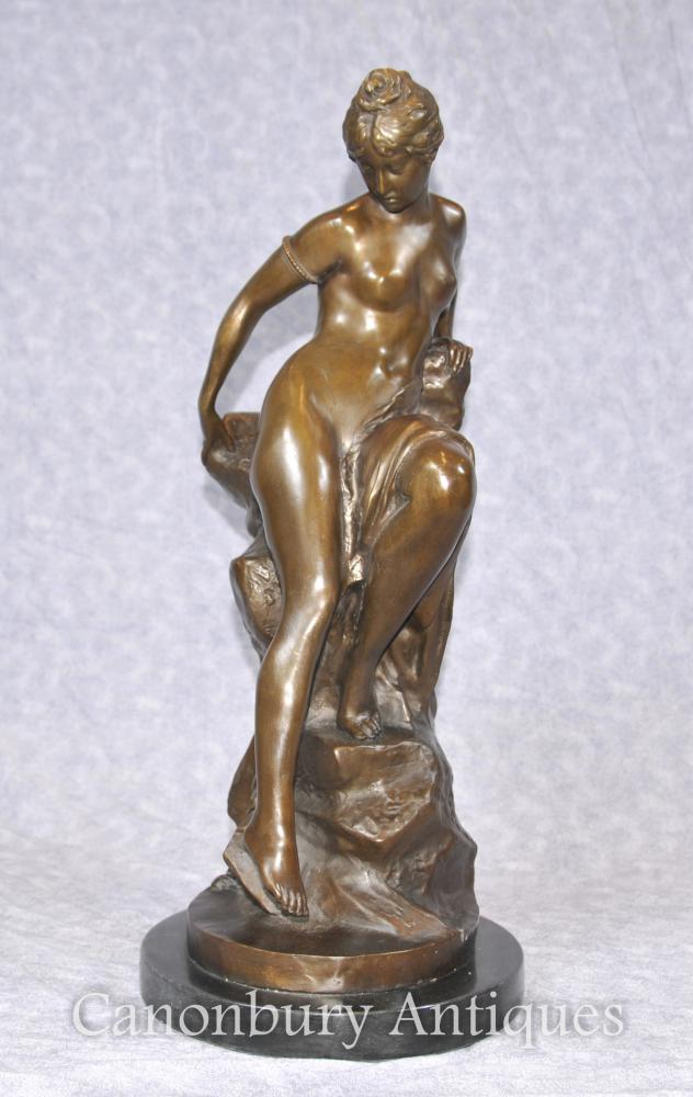 Italian Bronze Semi Nude Maiden on Rock Classical Signed