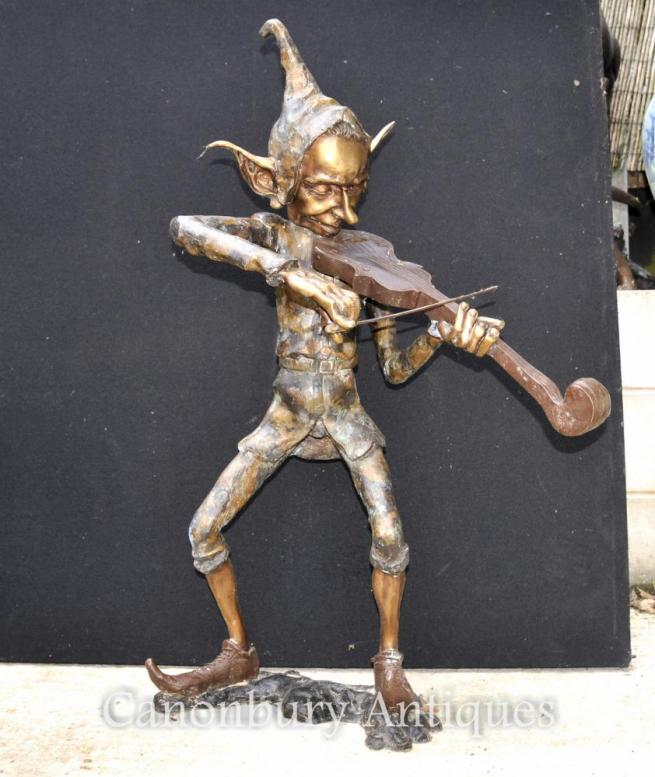 Large Bronze Pixie Violin Player Statue Pixies Elf Sculpture