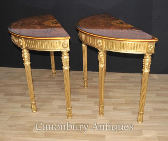 Pair Adams Regency Console Tables Demi Lune Marquetry Inlay Tops