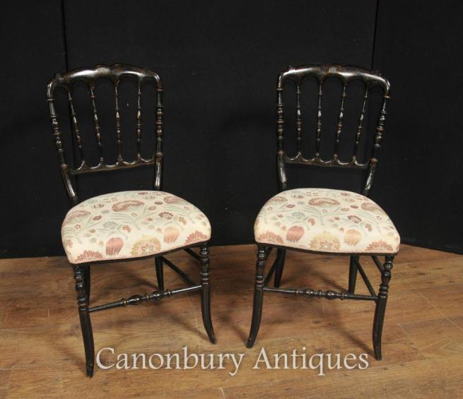 Pair Antique Chinese Black Lacquer Dining Chairs Spindle Back