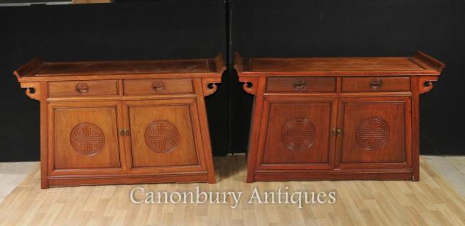 Pair Antique Chinese Mahogany Sideboards Console Tables Cabinet