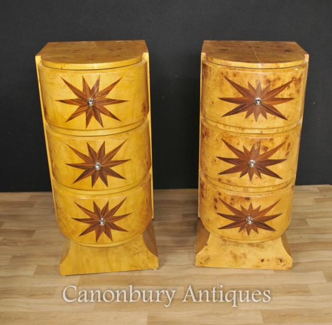 Pair Art Deco Bedside Chests Cabinets Nightstands Star Inlay