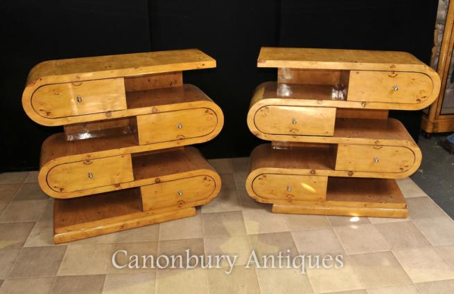 Pair Art Deco Bookcases Shelf Unites Blonde Walnut Furniture
