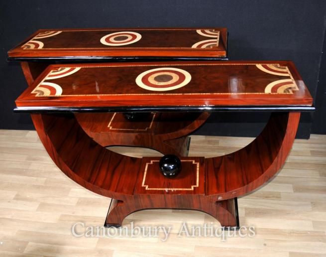 Pair Art Deco Ogee Console Tables Rosewood Marquetry Inlay