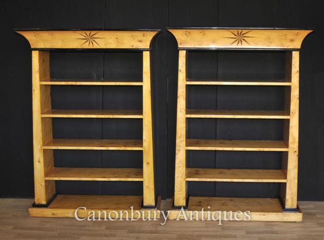 Pair Art Deco Open Front Bookcases Blonde Walnut Furniture Inlay