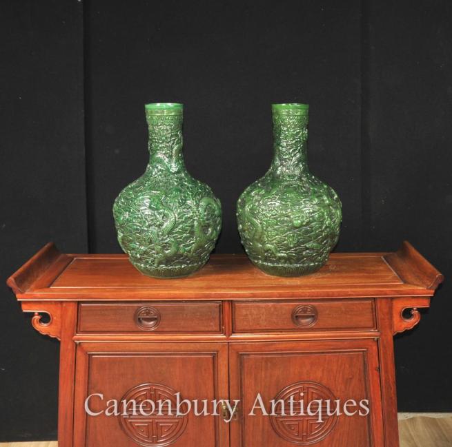 Pair Chinese Green Cinnabar Lacquer Dragon Vases Urns Bulbous Urn