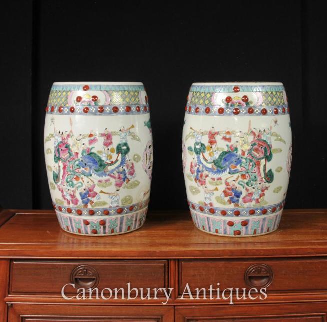 Pair Chinese Kangxi Porcelain Garden Seats Stools Dragon Urns