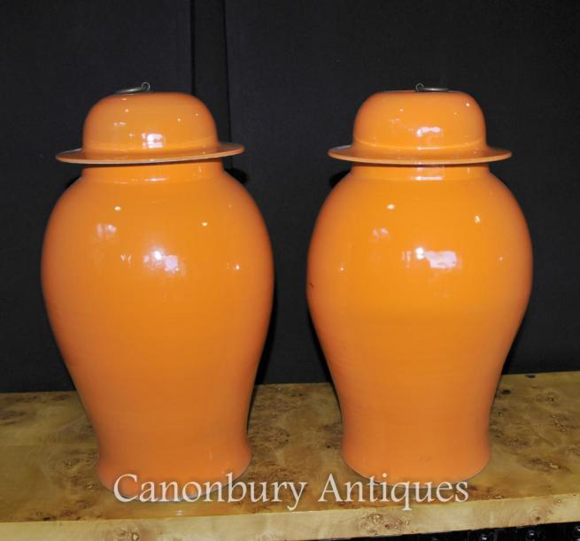Pair Chinese Kangxi Porcelain Temple Ginger Jars Urns