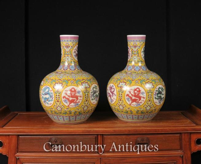 Pair Chinese Ming Dragon Vases Urns Shangping Form Famille Rose