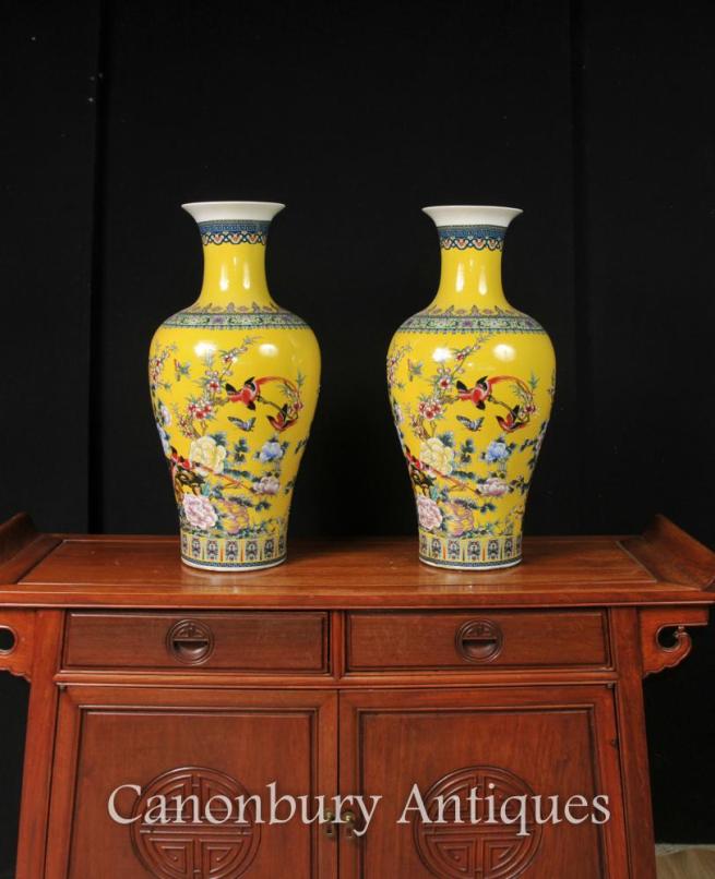 Pair Chinese Ming Yellow Porcelain Vases Urns China Pottery