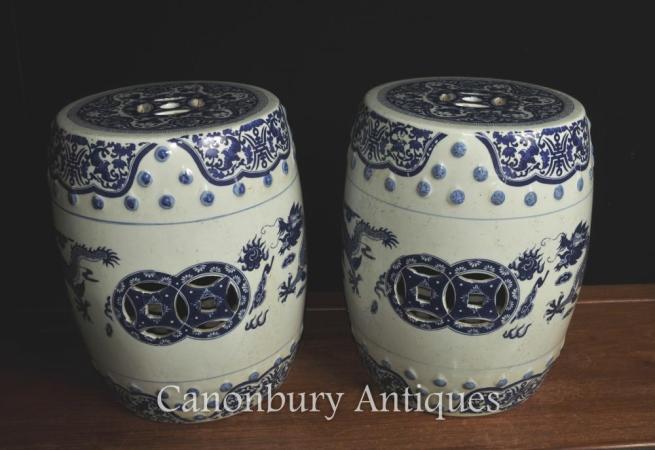 Pair Chinese Nanking Blue and White Porcelain Garden Stools Dragon Seats