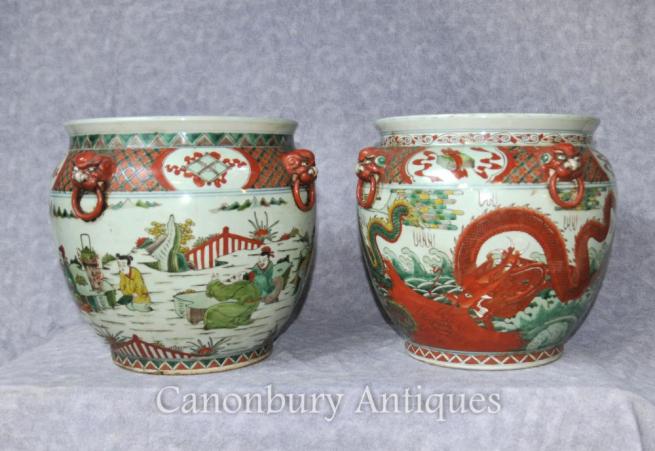 Pair Chinese Qianlong Pottery Planters Porcelain Urns