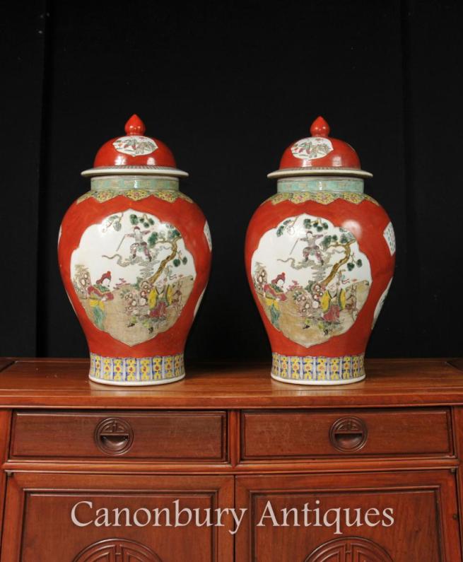 Pair Chinese Qing Porcelain Ginger Jars Vases Temple Jars Imperial Red