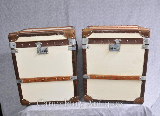 Pair English Leather Luggage Boxes Steamer Trunks Side Tables