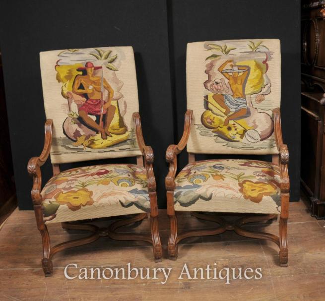 Pair French Antique Oak Arm Chairs Nude Hand Woven Upholstery Tropical Nouveau