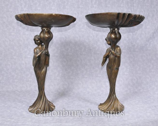 Pair French Art Nouveau Bronze Female Figurine Dishes Comports