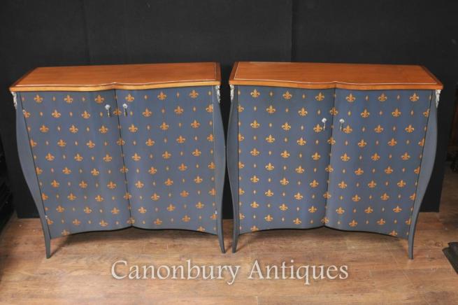 Pair French Art Nouveau Painted Cabinets Fleur De Lys
