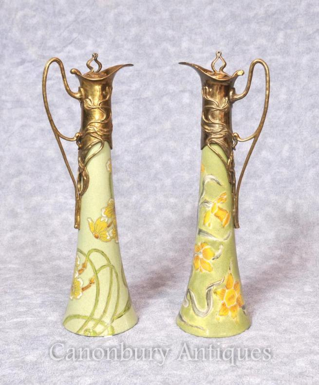 Pair French Art Nouveau Porcelain Jugs Decanters Cermaic
