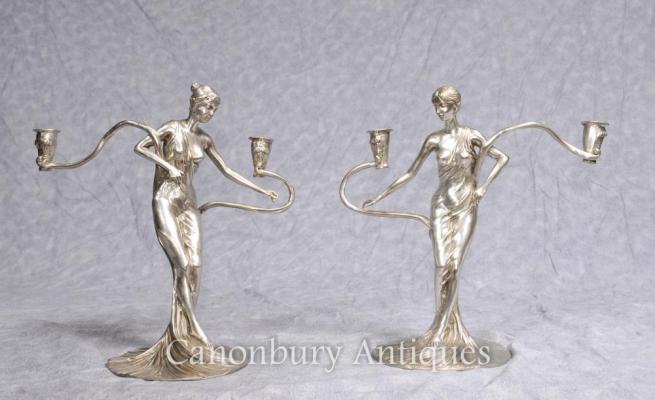 Pair French Art Nouveau Silver Plated Female Candelabras Candles Figurines