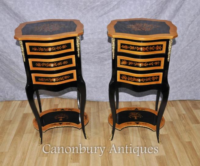 Pair French Empire Black Lacquer Bedside Chests Nightsands