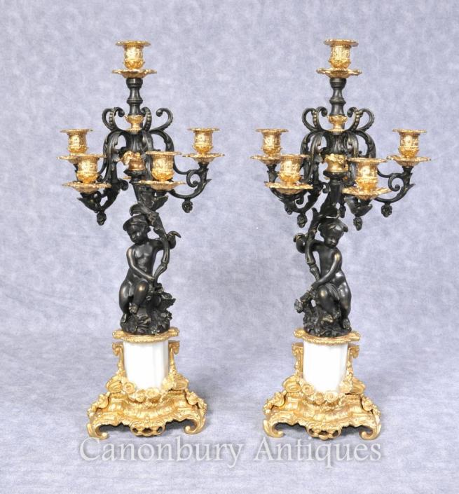 Pair French Empire Bronze Cherub Candelabras Candles