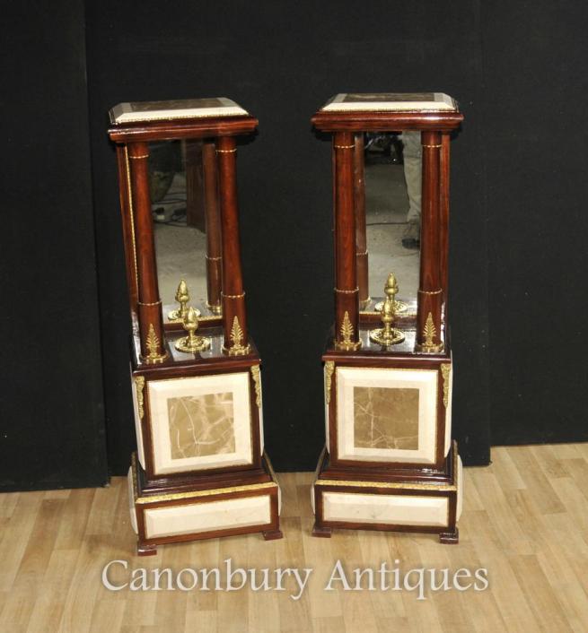 Pair French Empire Marble Pedestal Column Stands Tables Mirrored