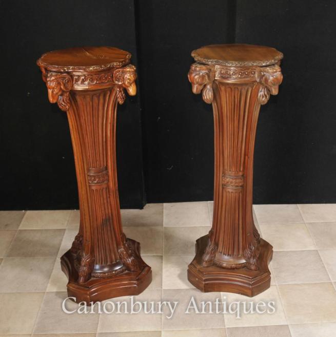 Pair French Regency Table Pedestal Table Stands Column Rams Heads