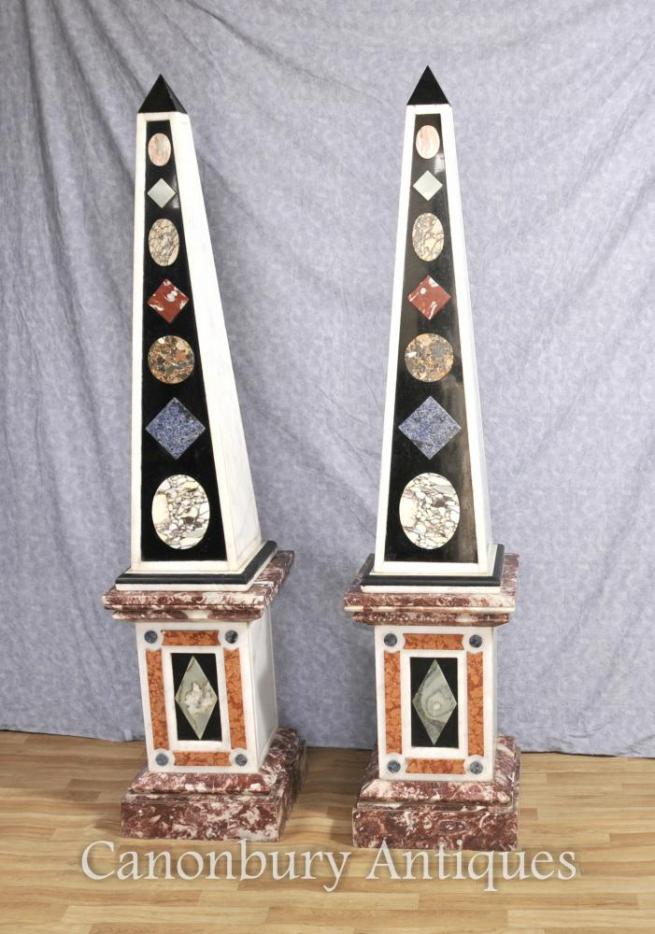 Pair Large Antique Italian Marble Obelisks on Pedestal Stands