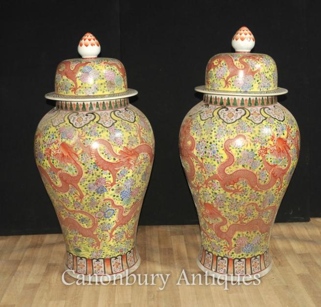 Pair Large Chinese Ming Porcelain Lidded Vases Urns Ginger Dragon Jars